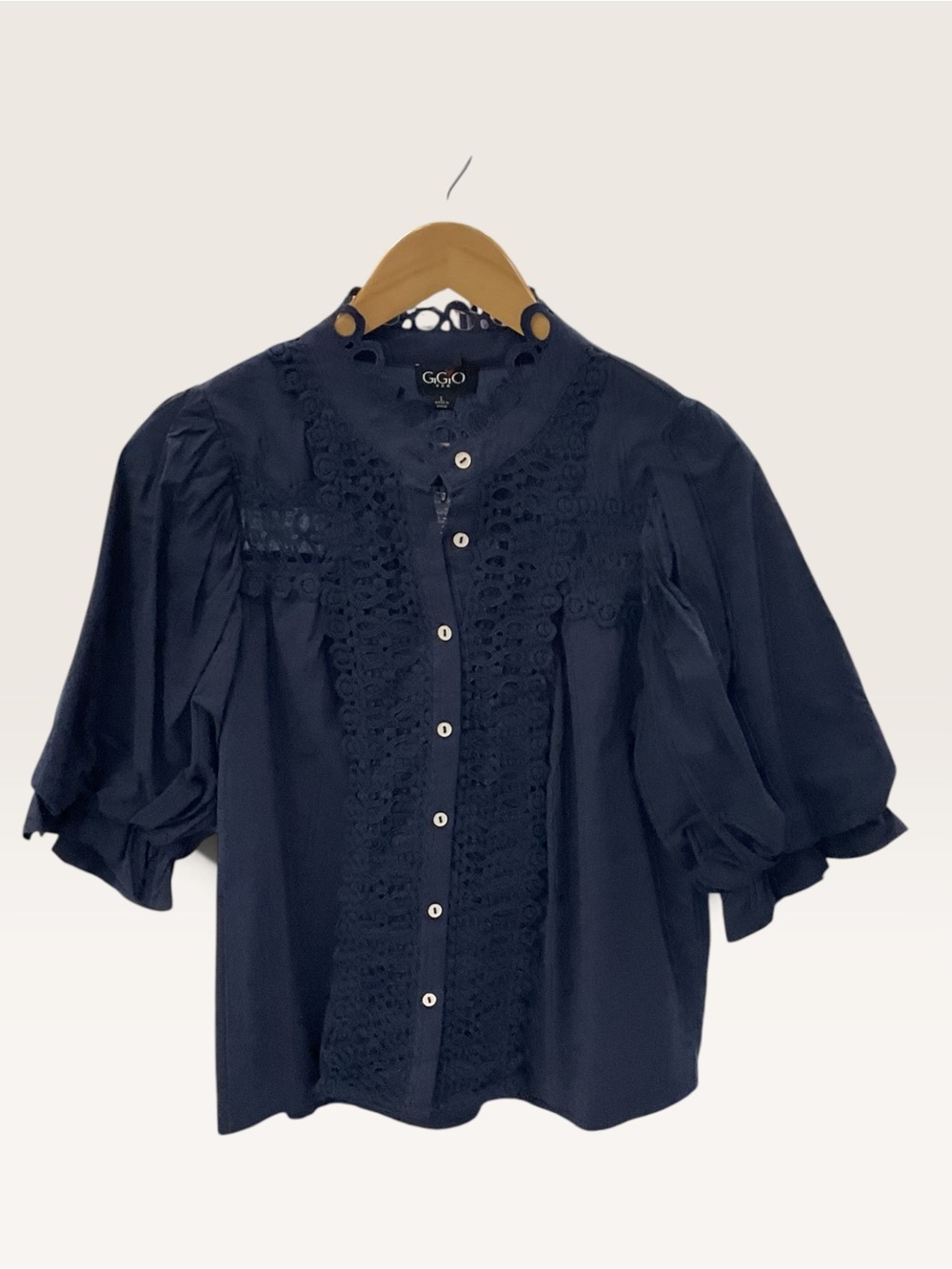 Gigio Navy Lace-Trim Puff Sleeve Blouse